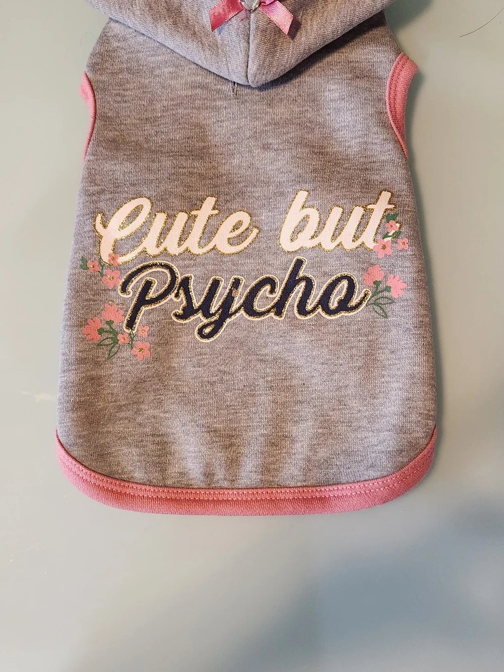 Cute but Psycho Gray & Pink Hoodie for A Little Dog. New With Tag. Size Small.